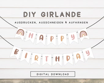 Regenbogen Partygirlande Happy Birthday für Kinder | PDF Vorlage Geburtstagsgirlande pastell als Download | Wimpel zum ausdrucken 301