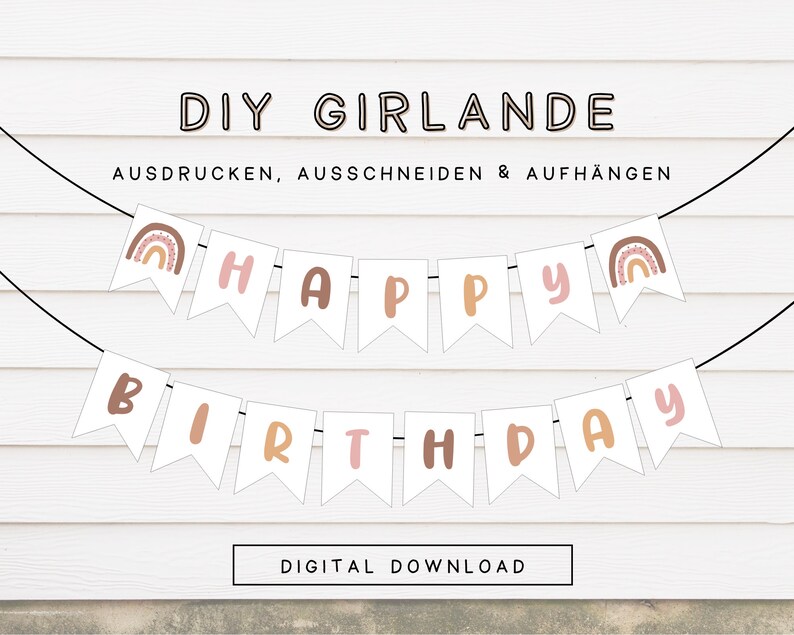 Regenbogen Partygirlande Happy Birthday für Kinder PDF Vorlage Geburtstagsgirlande pastell als Download Wimpel zum ausdrucken 301 image 1