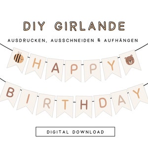 Kinder Partygirlande Happy Birthday Tiere mit Bär & Biene | PDF Vorlage Geburtstagsgirlande pastell als Download | Wimpel zum ausdrucken 303