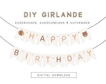 Kinder Partygirlande Happy Birthday Tiere mit Bär & Biene | PDF Vorlage Geburtstagsgirlande pastell als Download | Wimpel zum ausdrucken 303