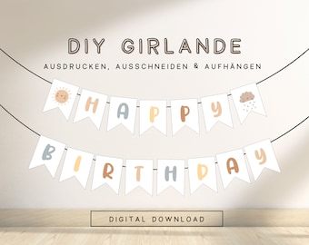 DIY Geburtstagswimpel Happy Birthday Pastell | Druckvorlage Girlande Kinder | Geburtstagsdeko zum ausdrucken und aufhängen 309