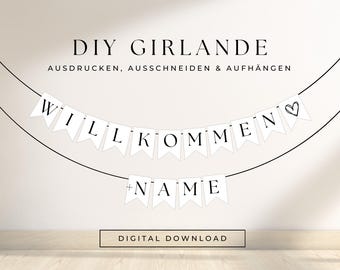 personalisierbare Willkommen Girlande mit Namen | moderne Deko Einweihung personalisiert | DIY Wimpelkette mit Name selbst ausdrucken 702
