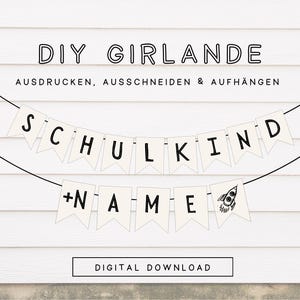 Schulkind Girlande mit Namen personalisiert | DIY Druckvorlage Schulkind Deko Einschulung Wimpelkette Schulanfang Rakete ausdrucken 604