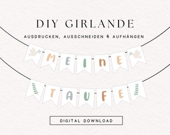 Taufe Wimpelkette als Download | DIY Druckvorlage Girlande pastell grün Blätter Taube | Wimpelkette zur Taufe sofort ausdrucken 203