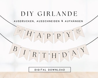 DIY Birthday Pennant Happy Birthday Line Art Design | printable party garland decoration | PDF template pennant chain birthday women 307