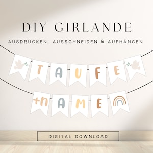 Wimpelkette Taufe mit Namen personalisiert zum Ausdrucken | DIY Vorlage Girlande Taufe pastell | Deko Girlande Taube Kranz 204