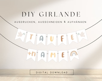 Wimpelkette Taufe mit Namen personalisiert zum Ausdrucken | DIY Vorlage Girlande Taufe pastell | Deko Girlande Taube Kranz 204