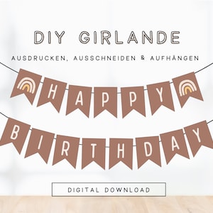 DIY Girlande Kindergeburtstag Happy Birthday Regenbogen Brauntöne | PDF Vorlage Wimpelkette Geburtstag zum Ausdrucken 310