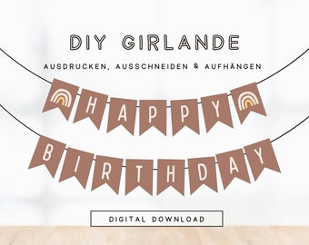 DIY Girlande Kindergeburtstag Happy Birthday Regenbogen Brauntöne | PDF Vorlage Wimpelkette Geburtstag zum Ausdrucken 310