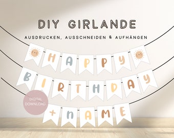 personalisierte Geburtstagsgirlande Happy Birthday DIY mit Namen | Kinder Geburtstagsbanner Sonne | Vorlage zum Ausdrucken 309