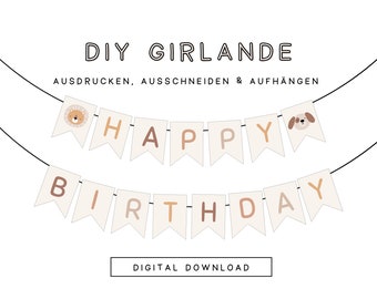 DIY Happy Birthday Girlande Brauntöne Kinder Motive | Geburtstagsdeko Wimpel Tiere Löwe Bär Hund | PDF Vorlage ausdrucken & aufhängen 303