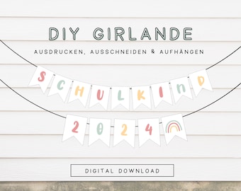 Girlande Einschulung als Download Vorlage zum ausdrucken | DIY Girlande Schulkind 2024 | Schulanfang Deko Wimpelkette 601