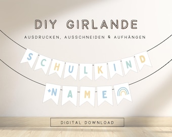 personalisierbare Schulkind Wimpelkette mit Namen | Einschulung Junge Deko Pastell | Schulanfang Girlande Deko selbst ausdrucken 607