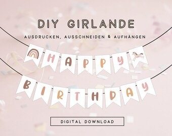 Erster Geburtstag Wimpelkette als Download | Mädchen Girlande Druckvorlage pastell Regenbogen | Geburtstagsdeko ausdrucken und aufhängen 301