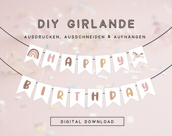 DIY Mädchen Geburtstag Wimpelkette als Download | Druckvorlage Girlande pastell | Geburtstagsdeko ausdrucken und aufhängen 301