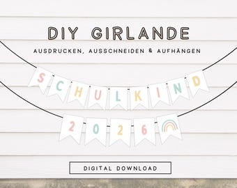 Ghirlanda per bambine con unicorno e arcobaleno da stampare | Modello di decorazione per bambini per l'iscrizione a scuola | Catena di gagliardetti fai da te per bambine per l'inizio della scuola 608