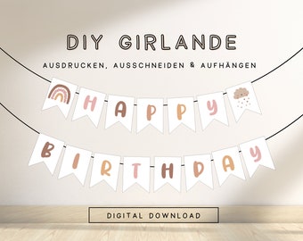 DIY Druckbare Geburtstagsgirlande Happy Birthday | Regenbogen Einhorn Mädchen | Vorlage Wimpelkette zum ausdrucken | Vorlage 301