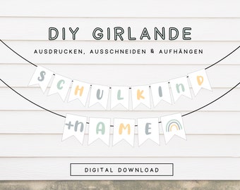 Wimpelkette Schulkind mit Namen personalisiert | Deko Schulkind Girlande zum ausdrucken | DIY Druckvorlage Girlande zum Schulanfang 202