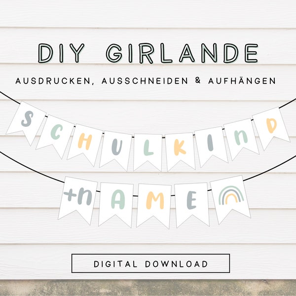 Wimpelkette Schulkind mit Namen personalisiert | Deko Schulkind Girlande zum ausdrucken | DIY Druckvorlage Girlande zum Schulanfang 202