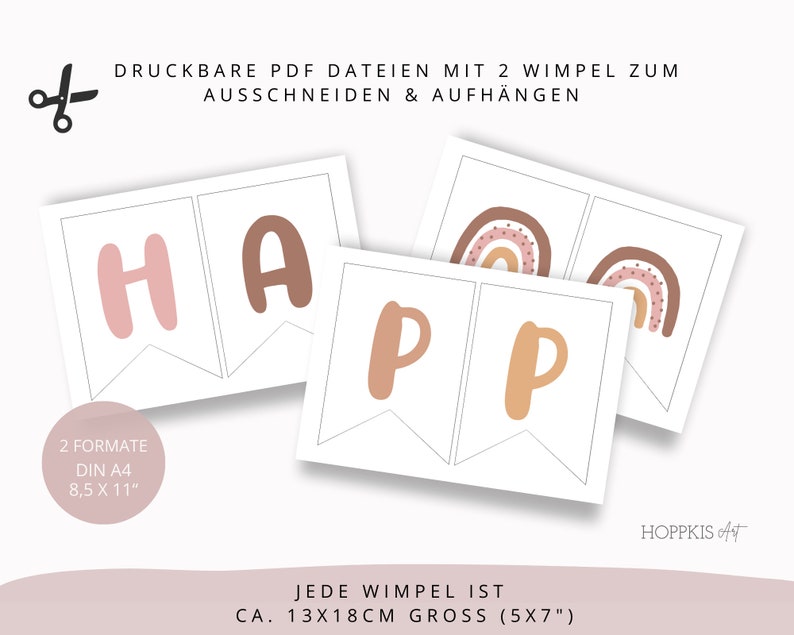 Regenbogen Partygirlande Happy Birthday für Kinder PDF Vorlage Geburtstagsgirlande pastell als Download Wimpel zum ausdrucken 301 image 5