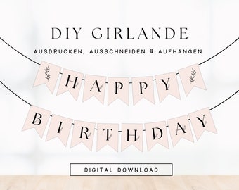 DIY Vorlage Geburtstagsgirlande Happy Birthday minimalistisch Botanik | Moderne Wimpelkette Geburtstag zum Ausdrucken | Druckvorlage 306