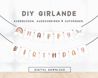 druckbare Geburtstagsgirlande Happy Birthday Regenbogen | Mädchen Geburtstag DIY Girlande basteln | PDF Druckvorlage 301