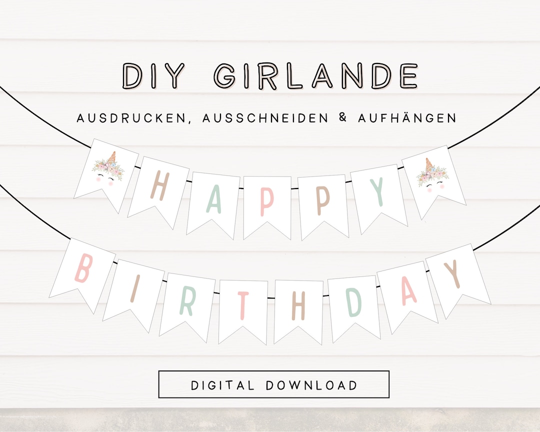 Digitale Partygirlande Happy Birthday Einhorn Mädchen PDF Vorlage
