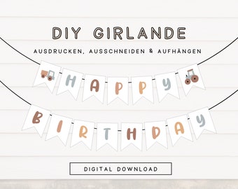 Girlande Happy Birthday Junge zum Ausdrucken | PDF Vorlage Geburtstag Wimpelkette Traktor | Druckvorlage Kindergeburtstag 305