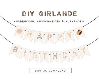 DIY Kinder Geburtstagsgirlande Happy Birthday Sonne Biene | Wimpelkette Geburtstag zum Ausdrucken | Druckvorlage zum Download 304