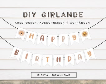 DIY Kinder Geburtstagsgirlande Happy Birthday Tiere | Kinder Wimpelkette Geburtstag Löwe Hund Bär | Druckvorlage zum Ausdrucken 302