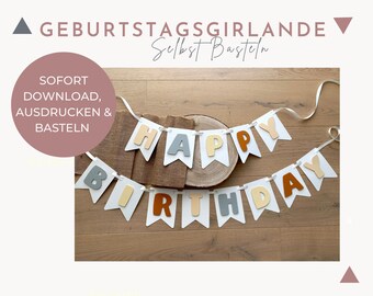 Anleitung Geburtstagsgirlande Happy Birthday do it yourself | Girlande selbst basteln | Wimpelkette Druckvorlage zum Download | Deutsch