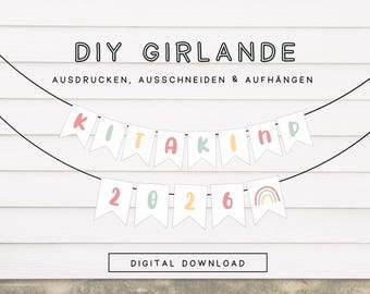 Wimpelkette Kitakind 2026 Mädchen zum ausdrucken | DIY Girlande Kindergarten Regenbogen Einhorn | Wimpelkette Kindergartenkind 403