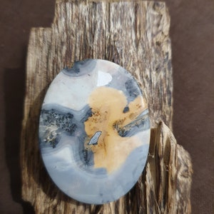 Op de afbeelding: Een gepolijste ovale steen met een swirl-patroon van grijs, wit en oranje. De steen ligt op een stuk verweerd hout.