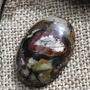 May include: A polished, oval-shaped stone with a unique pattern of brown, black, red, and white colors. The stone has a smooth, glossy surface and a natural, organic appearance. The stone is a decorative item.