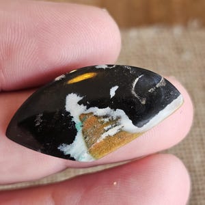 May include: A polished, teardrop-shaped gemstone with a black base, featuring white, gold, and tan patterns. The stone is held between fingers, showcasing its unique color variations and natural design. The gemstone is likely used for jewelry or decorative purposes.
