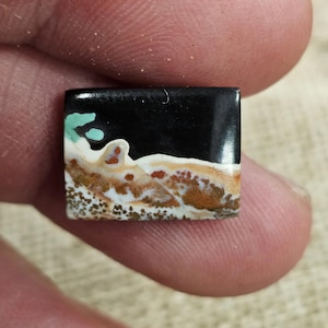 May include: A square, black, brown, white, and green gemstone cabochon with a unique pattern.
