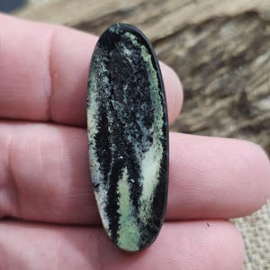 May include: An oval-shaped gemstone with a polished surface. The stone features a striking pattern of black, white, and green hues, creating a marbled effect. The gemstone is held between fingers, showcasing its size and shape.