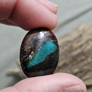 May include: An oval-shaped gemstone with a polished surface. The stone features a mix of colors, including brown, teal, and hints of gold. The teal color is prominent, creating a striking contrast against the darker hues. The gemstone is held between fingers.