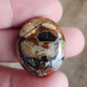 May include: Oval-shaped gemstone with a mix of brown, tan, black, and green colors. The stone has a polished surface with natural patterns and a dark, eye-like inclusion. The gemstone is held between fingers.
