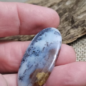 May include: An oval-shaped gemstone with a polished surface. The stone features a blend of colors, including white, blue, brown, and gold. Dark, intricate patterns are visible throughout the stone, creating a unique and natural design. The gemstone is held in a hand.