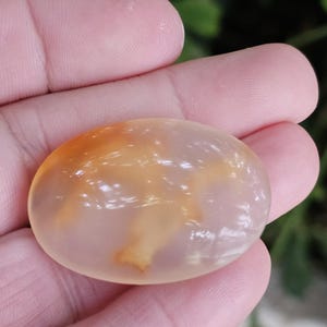 Puede incluir: Una piedra de ágata lisa de forma ovalada con una base translúcida de color blanco lechoso y inclusiones de color marrón anaranjado. La piedra está pulida y tiene un acabado brillante.