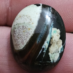 May include: Oval-shaped gemstone with a polished, glossy surface. The stone features a striking contrast of colors, including black, white, and brown, with hints of blue and green. The design is organic and abstract, with a natural, earthy aesthetic.