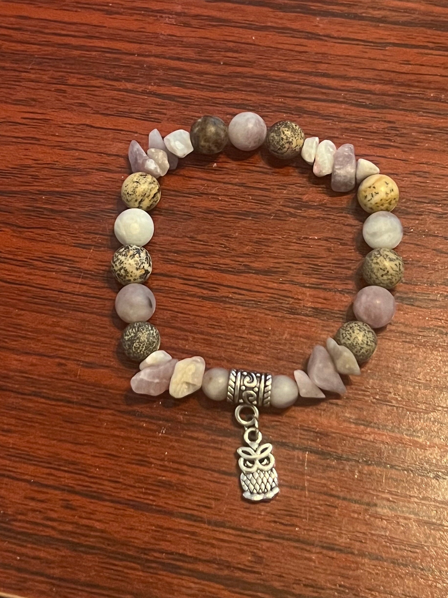Owl Charm Bracelet With Lilac Stone and Natural Jasper Beads