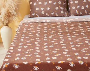 Kahve Papatyalı Çift Kişilik Peluş Battaniye