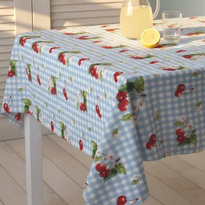 Gingham Cherry Patterned Blue Tablecloth, Table Cloth, Picnic Mat