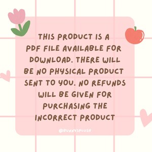Puede incluir: Gr&aacute;fico rosa y blanco con un patr&oacute;n de cuadr&iacute;cula. El texto dice: "ESTE PRODUCTO ES UN ARCHIVO PDF DISPONIBLE PARA DESCARGAR. NO SE ENVIAR&Aacute; NING&Uacute;N PRODUCTO F&Iacute;SICO. NO SE DAR&Aacute;N REEMBOLSOS POR COMPRAR EL PRODUCTO INCORRECTO @BUNNYSPLUSH"