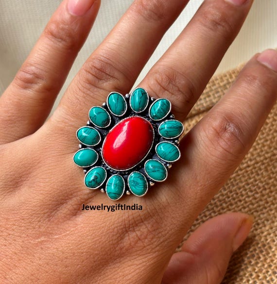 レッドコーラル＆ターコイズリング：ハンドメイドスターリングシルバー