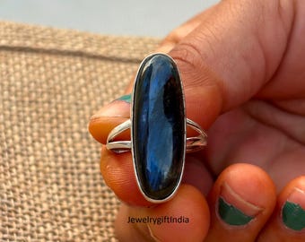 Large Blue Labradorite Sterling Silver Ring: Handmade Boho Wedding Jewelry