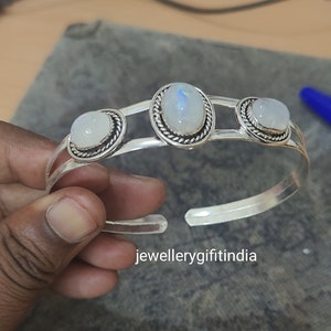 Handmade Rainbow Moonstone Bangle: 925 Sterling Silver Plated Cuff