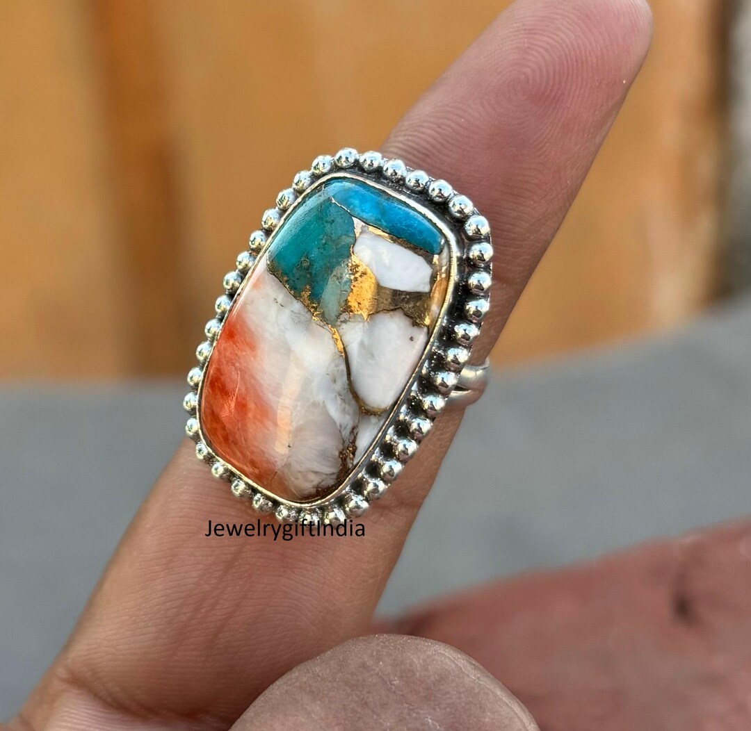 Oyster Copper Turquoise Rectangle Shape Gemstone Silver Ring 925 ...